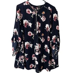 Justify Floral Tunic Blouse Womens 1X Navy Boho‎ Cottagecore Flowy Top